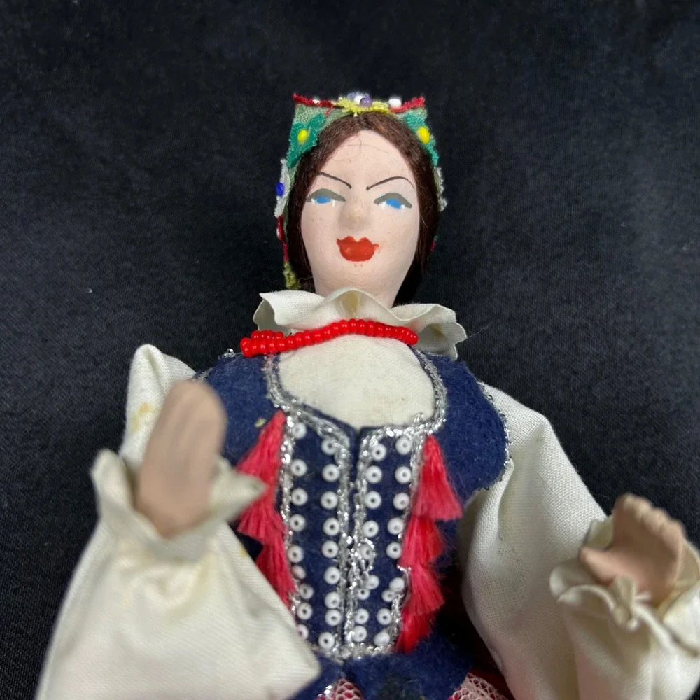 Vintage Polish Folk Art Doll Traditional Costume Red Floral Skirt Lace Apron 8in